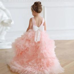 Girl Dresses Ball Gown Pink Flower With Long Train Round Neck Birthday Party Dress First Communion Gowns Big Bow