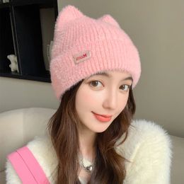 New Women's Cute Cat Ear Earrings Winter Hat Fashionable Artificial Fur Knitted Hat Kpop Style Soft Bean Hat Candy Women's Street Clothing Hat 240110