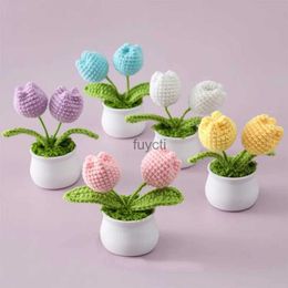 Other Arts and Crafts 1pc Handmade Woven Flower Potted Artificial Knitted Crochet Tulip Plant Ornaments DIY Material Kit Home Desktop Wedding Decor YQ240111