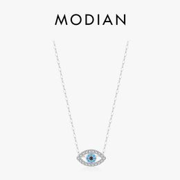 Necklaces MODIAN 925 Sterling Silver Sea Blue Eye Zirconia Pendant Necklace link Chain Trendy Stackable Neck For Women Fine Jewellery Gifts