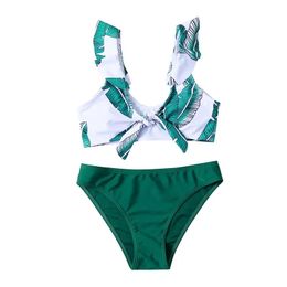 Set 7~14Years Children Swimwear Leaf Print Ruffle Bikini Set Teen Girls Twopiece Swimsuit Pool Swim Suit Kids Beach Wear