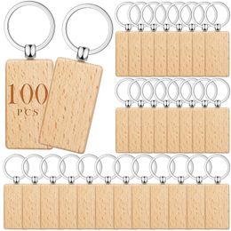 100Pcs Blank Rectangle Wooden Key Chain Diy Wood Keychains Key Tags Can Engrave Diy Gifts 240110