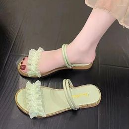 Slippers Beaded Mesh Lace Women Elegant Dress Flip Flops Shoes 2024 Summer Open Toe Beach Slingback Sandals Flats Mujer Slides