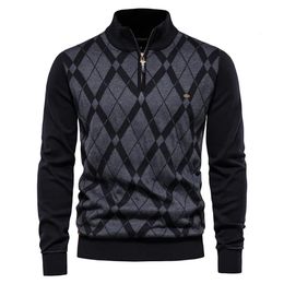 AIOPESON Argyle Men Sweaters Cotton Mock Neck Zipper Patchwork Pullover Winter High Quality Fashion Warm for 240111