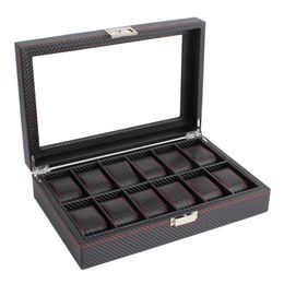 OUTAD 12 Slots Carbon Fibre Watch Box Jewellery Watch Display Storage Holder Rectangle Black Leather Case243v