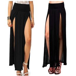 Skirt Womens High Waist Sexy Double Slit Front Open Knit Maxi Long Skirt Solid Colour Pleated Irregular Hem Beach Dress Bikini Cover Up