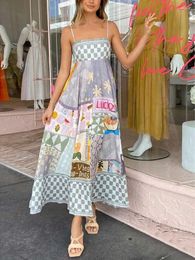 Casual Dresses Boho Inspired Straps Printed Midi Dress For Women Sleevless Squre Neck Summer Beach Holiday