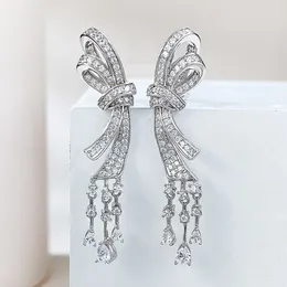 Stud Earrings 2024 S925 Silver Full Diamond Bow Tassel Long For Women Light Luxury High Fashion