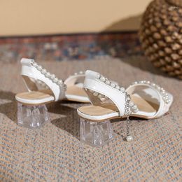 Dress Shoes Women 's Crystal Chunky Heel Sandals Summer Square Toe Open Buckle Pearl Decoration Mid Ankle Strap