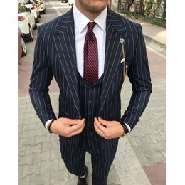 Men's Suits Navy Blue Single Breasted Peaked Lapel Luxury 3 Piece Jacket Pants Vest Formal Business Slim Fit Outfits Blazer 2024