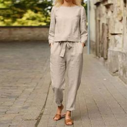 Casual Linen Loose 2piece Set Summer Half Sleeve ONeck Tops and Lace up Wide Leg Pants Suit Women Fashion Office Pocket Sets 240110