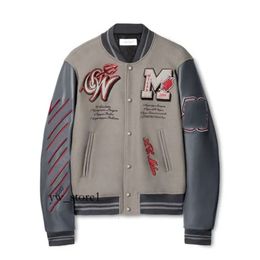 Off White Jacket AC MILANS Off Brand High-end Coat Male and Female Lovers Ow Heavy Industry Embroidered Wool Spliced Leather Sleeve Fashion Trend Brand Off White 3329