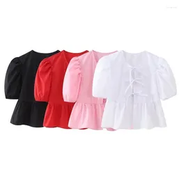 Women's Blouses Women Bubble Sleeve Top Fashionable Round Neck Short Unique Lacing Design Trendy Street Party Style