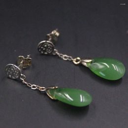 Dangle Earrings Pure S925 Sterling Silver Green Jade Women Lucky Raindrop