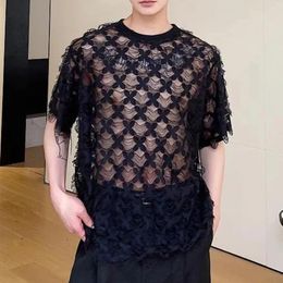 Men's T Shirts Summer O Neck T-shirt Loose Short Sleeve Sexy Sheer Lace Tee Fashion 2024 Trendy Menwear Unisex Pullover