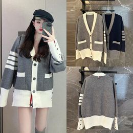 Women's Knits Short Front Long Back Knitted V-neck Cardigan Coat Autumn Winter Thickened Fashion Sweater Trend Four-bars Slim Tops