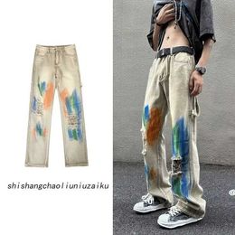 Men's Jeans Yellow Mud Washed with Holes Trendy Ins High Street Vibe Tie Dyed Pants Brand Straight Leg