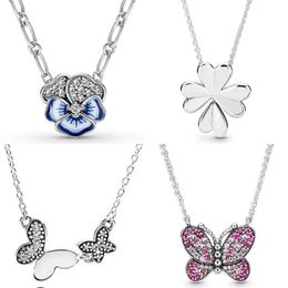 Sets New 925 Sterling Silver Dazzling Pink Butterfly Blue Pansy Flower Clover Pendant Necklace For Popular Bead Charm DIY Jewelry