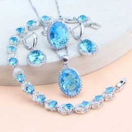 Sets Natural Wedding Jewellery Sets Silver 925 Earrings For Women Bracelets Rings Pendant Bridal Sky Blue Zircon Necklace Set