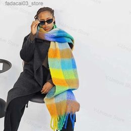 Scarves Knitted Warm Plaid Scarf Women Luxury Thicken Soft Cashmere Scarves Pashmina Winter Rainbow Striped Shawl Daily Accessories Q240111