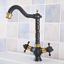 Kitchen Faucets Basin Black Gold Color Brass Faucet 360 Rotation Dual Handle Tap Mixer Taps Bathroom Vessel Sink Tsf794