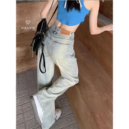 Jeans Washed Distressed Light Blue Straight Jeans High Waist Retro Women Pants Denim Zipper Fly Y2k Pantalones Wide Leg Jean Chic