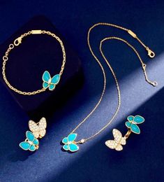 Europe America Fashion Jewellery Sets Lady Women Brass Settings Diamond Turquoise 18K Gold Two Butterfly Ring Earrings Bracelet Neck5017935