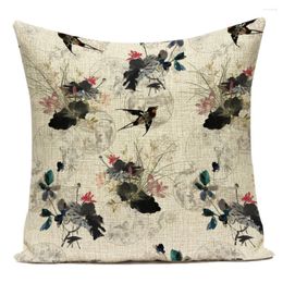 Pillow Chinese Animal Ink Painting 45x45cm Cover Home Decor Gift Case Sofa Bird Print Simple Polyester Linen Bed E2274