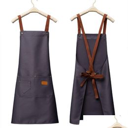 Aprons Kitchen Aprons Mens Women Home Chef Cooking Baking Clothes With Pockets Adt Bib Waist Bag Waterproof Drop Delivery Home Garden Dhofw