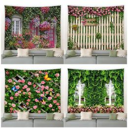 Spring Butterfly Flowers Tapestry Retro Wooden Fence Nature Pink Rose Plants Floral Wall Hanging Garden Home Decor Scenery Cloth 240111