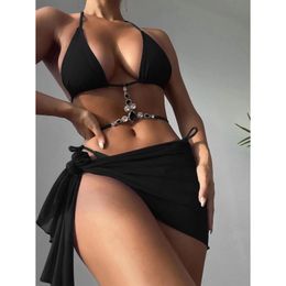 Set Sexy Diamond Encrusted Hanging Neck Bikini Sets Women' s Black Three Pieces Backless Swimsuit For Women Board Shorts Boys