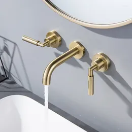 Bathroom Sink Faucets Luxury Brushed Gold Top Quality Brass Wall Mounted Two Handles Faucet Cold Water Basin High Tap