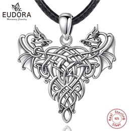 Pendants EUDORA Sterling Silver Two Dragon Pendant Necklace Vintage Oxidized Silver Celtic Dragon Necklace Fashion Jewelry Gift with Box