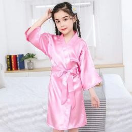 Summer Girls Silk Robe Solid Colour Children's Pyjamas Soft Kids Bathrobe Girls Satin Robe Teenager 240111