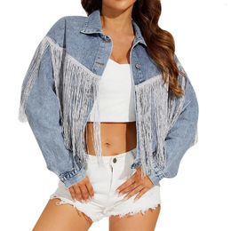 Women's Jackets Oversized Denim Jacket For Women American Retro Fashion Tassel Jean Ladies Long Sleeve Lapel Cropped Coats