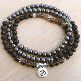 Bracelets 108 Wrap Bracelet Prayer Beads Mala Necklace 6mm Hematite Black Onyx Smoky Quartz Lava Stone Yoga Bracelet OM Jewellery