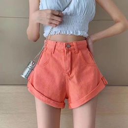 Jeans 2022 New Solid Candy Colors New Summer Women High Waist Button Wide Leg Jeans Shorts Casual Female Loose Fit Blue Denim Shorts