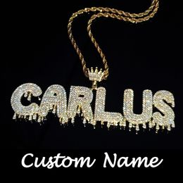 Necklaces Icy Crown Bail Drip Initials Name Plate CZ Diamond Custom Letters Pendant Necklace For Men Women Bling Bling Hip hop Jewelry