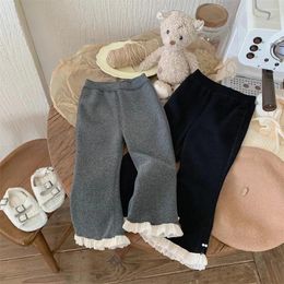 Trousers Girls Fleece Leggings 2024 Autumn Winter Korean Style Baby Girl Lace Thickened Long Pants Warm Integrated Velvet