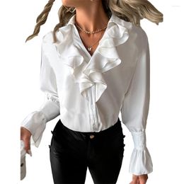 Women's Blouses Fashion Ruffles V Neck Shirts For Women Ladies Solid Colour Flare Long Sleeve Streetwear Tunic Woman Clothing