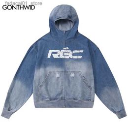 Men's Hoodies Sweatshirts High Collar Denim Hoodie Letter Printed Ripped Oversized Hip Hop Blue Jeans Sweatshirt Harajuku Streetwear Zip-up Hoodies BlackQ240111