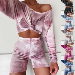 BKLD Fashion Tie Dye Print Long Sleeve Crop Top Tshirt And Shorts Casual Two Piece Matching Sets Women Sport Outfits Lounge Wear 240110