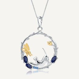 Pendants GEM'S BALLET 925 Sterling Silver Handmade Cat & Butterfly Pendant Necklace 0.84Ct Natural Blue Sapphire Fine Jewellery for Women