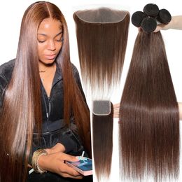 12A 10-32 #4 Chocolate Brown Straight Human Hair Bundles with Closure Frontal Raw Brazilian Hair Weave Bundles with Closure 240111