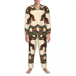 Men's Sleepwear Elephant Art Spring Colourful Floral Print Vintage Oversized Pyjama Set Man Long Sleeve Lovely Home Suit