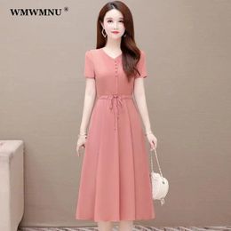 Dresses Korean Short Sleeve Midi Aline Dress Women Summer Fashion Adjustable Waist Casual Dresses Plus Size 5xl 4xl Vestidos Elegante