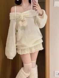 Work Dresses Wool Japanese Kawaii Two Piece Set Women Winter Warm Korean Sweet Skirt Sets Off Shoulder Pullover Sweater Elastic Shorts 2024