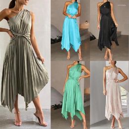 Casual Dresses Chic Satin One Shoulder Party Midi Dress Women Sexy Sleeveless Irregular Pleated Evening Long Luxury Femme Vestidos Robe