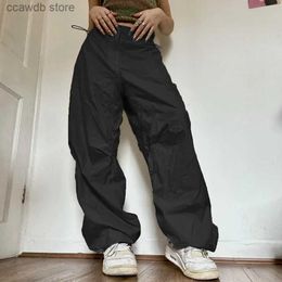 Women's Pants Capris Women Casual Joggers Tech Pants Vintage Solid Low Waist Drawstring Baggy Trousers Y2K Wide Leg Sweatpants Streetwear Cargo Pants T240110