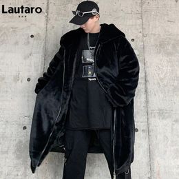 Lautaro Winter Long Oversized Black Warm Thick Soft Fluffy Faux Fur Coat Men with Hood Zipper Casual Loose Korean Fashion 240110